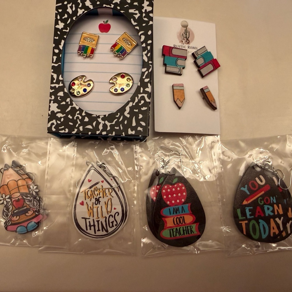 Teacher-Themed Earrings & Wooden Dangle Charms - Bright Multi Color Set